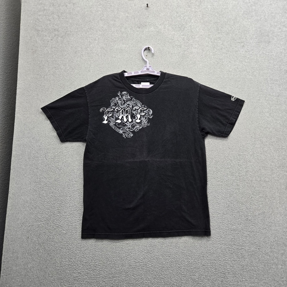 VINTAGE FMF Apparel Men Shirt LARGE Black Grunge Y2K Crest Logo Short Sleeve